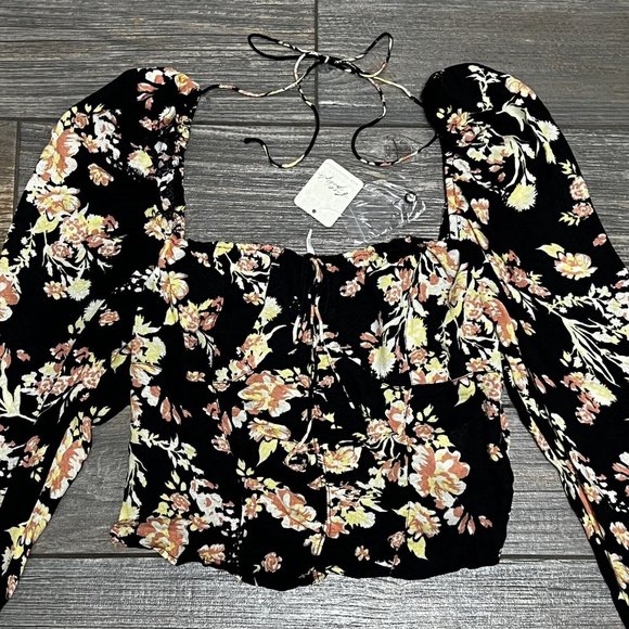 NWT $98 Free People Hilary Printed Top Size Small Black Combo Smocked Blouse S - Picture 9 of 16